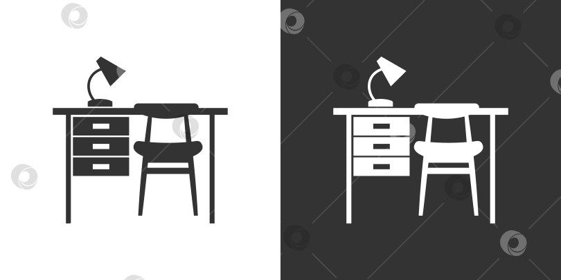 Скачать Письменный стол с лампой и стулом. Черная и белая плоская иконка фотосток Ozero