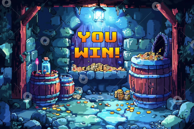 Скачать неровная надпись "you win" на фоне подземелья с сокровищами в стиле винтажных 8-битных игр фотосток Ozero
