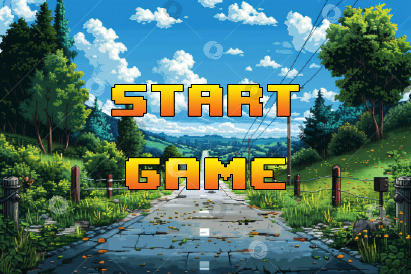 Скачать надпись "start game" на пиксельном фоне с пейзажем и дорогой в стиле старых 8-битных игр фотосток Ozero