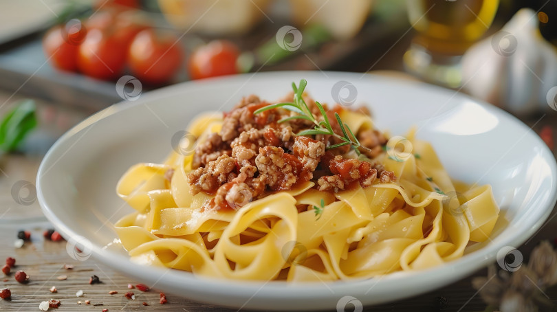Скачать На сковороде готовится тарелка спагетти с мясным соусом фотосток Ozero