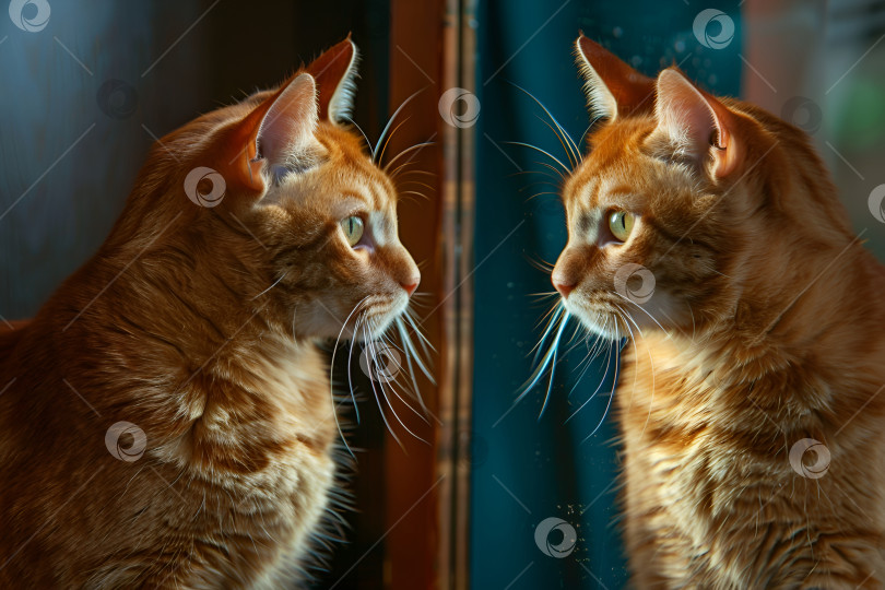 Скачать Рыжий кот смотрит на свое отражение в зеркале фотосток Ozero