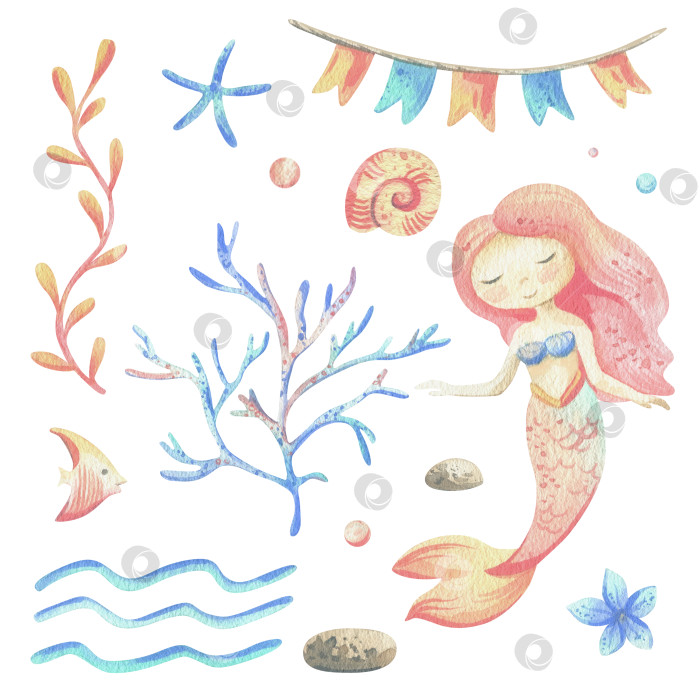 Скачать Русалочка - это маленькая девочка с рыбками, ракушками, кораллами, водорослями, морскими звездами. Акварельная иллюстрация, выполненная от руки пастельными бирюзовыми, голубыми, коралловыми, розовыми красками. Набор элементов, выделяющихся на фоне фотосток Ozero