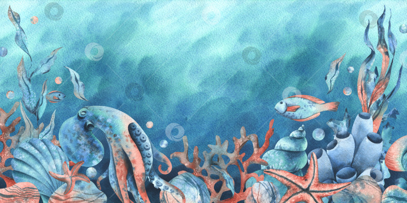 Скачать Клипарт подводного мира с морскими животными - китами, черепахами, осьминогами, морскими коньками, морскими звездами, ракушками, кораллами и водорослями. Рисованная акварельная иллюстрация. Рамка, шаблон, обрамление на синем морском фоне фотосток Ozero