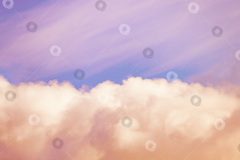 Скачать Оранжевые пушистые облака, освещенные солнечным светом на нежно-розовом фоне неба (тонированные) фотосток Ozero