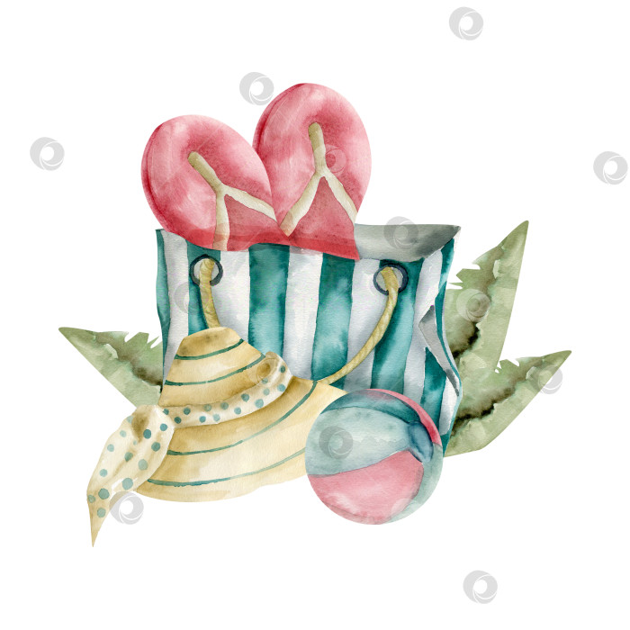 Скачать Летняя пляжная женская ретро-сумка в полоску, розовые босоножки, соломенная шляпа, разноцветный мяч и акварельные иллюстрации с зелеными листьями. Винтажная композиция для путешествий для туристического агентства, буклет для поездки, дизайн открытки фотосток Ozero
