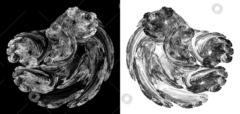 Скачать Монохромные, черно-белые завитки на белом и черном фоне выглядят как абстрактные крылья, расположенные симметрично. Набор. 3D-рендеринг. 3D-иллюстрация. фотосток Ozero
