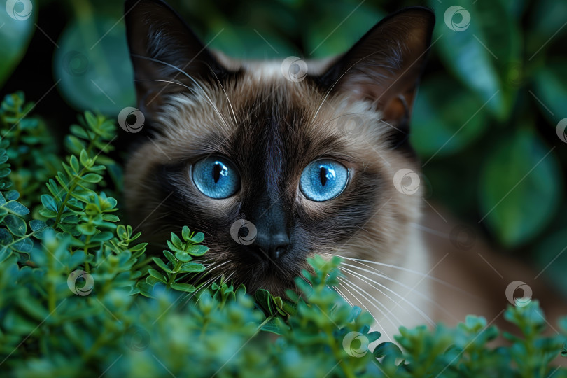 Скачать Сиамская кошка с голубыми глазами выглядывает на фоне зеленой травы фотосток Ozero