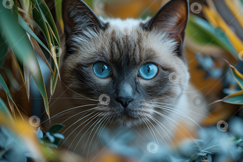 Скачать сиамская кошка с голубыми глазами, охотящаяся на открытом воздухе фотосток Ozero