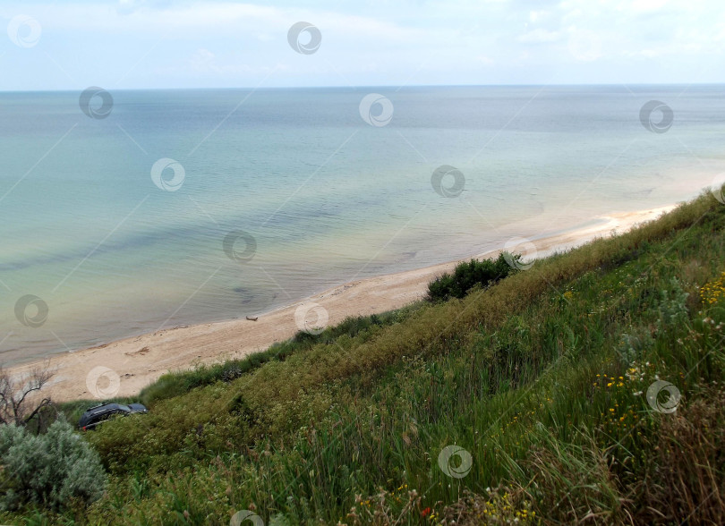 Скачать Берег Азовского моря с крутыми холмами, покрытыми зеленой травой. Морской пейзаж с песчаным диким пляжем. фотосток Ozero