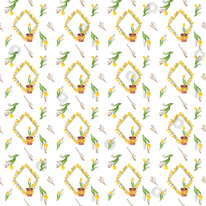 Скачать Бесшовный прованский узор с цветочными рамками, белыми и желтыми тюльпанами, веточками вербы, цветочными горшками с желтыми бантами. Ручная акварельная иллюстрация. фотосток Ozero
