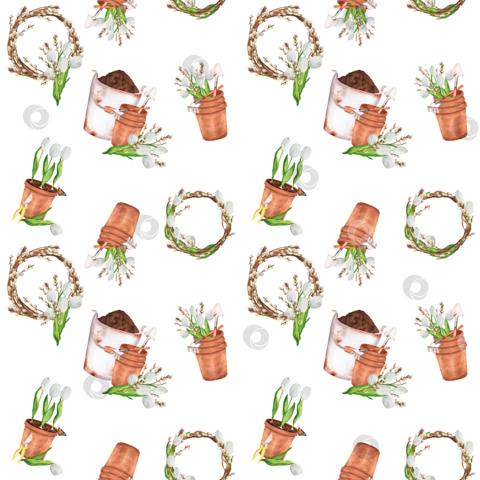 Скачать Ручная акварельная иллюстрация. Бесшовный узор с садовыми ведрами и инструментами, цветочными горшками, цветочными венками, белыми тюльпанами и веточками вербы. фотосток Ozero