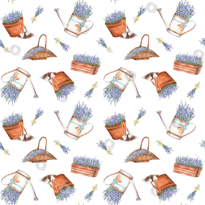 Скачать Бесшовный прованский узор с лавандой, плетеной корзиной, цветочными горшками, лейкой и садовыми инструментами. Ручная акварельная иллюстрация. фотосток Ozero