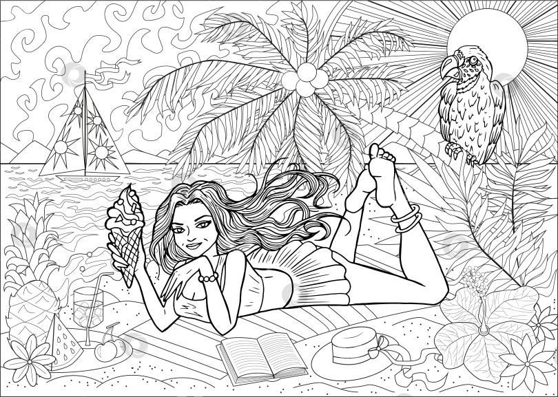 Скачать Раскраска с изображением молодой красивой женщины с книгой и коктейлем в отпуске на пляже на фоне тропической природы и морского пейзажа. фотосток Ozero