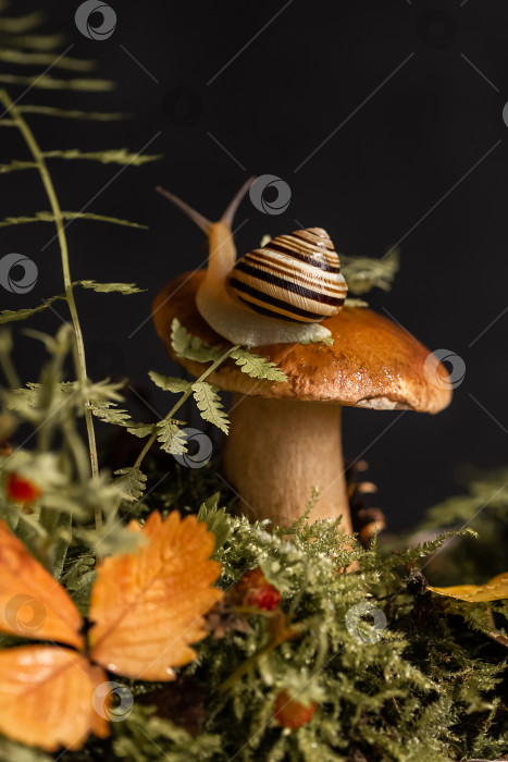 Скачать Симпатичная улитка с полосатым панцирем ползает вокруг большого белого гриба, растущего во мху и опавших листьях в лесу фотосток Ozero