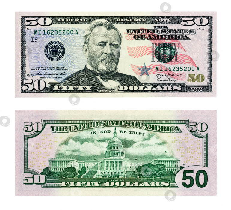 Скачать Две стороны пятидесятидолларовой банкноты, выделенные на белом фоне (макросъемка, сканирование в высоком разрешении) фотосток Ozero