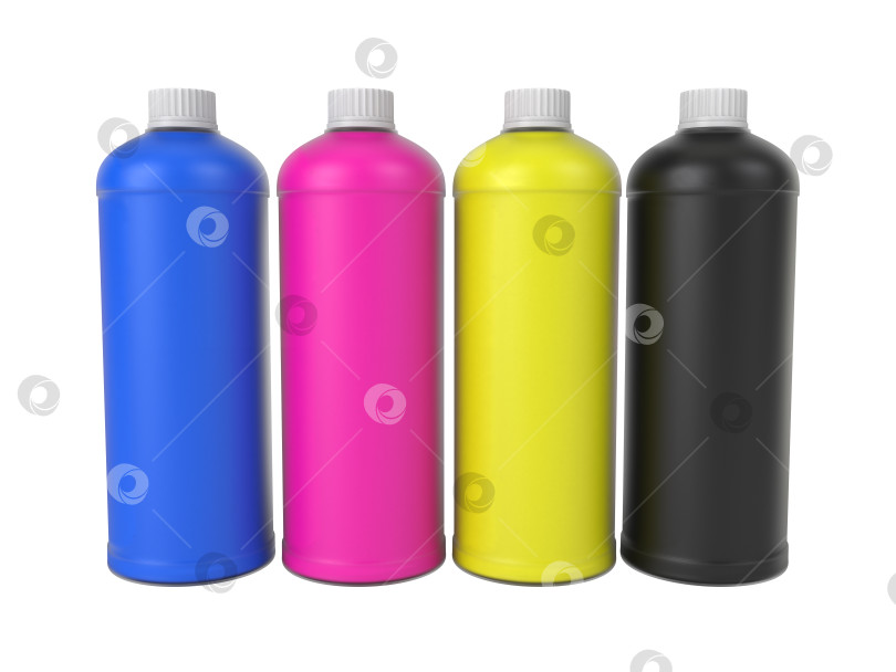 Скачать Цветные бутылки CMYK, выделенные на белом фоне, 3d-рендеринг фотосток Ozero