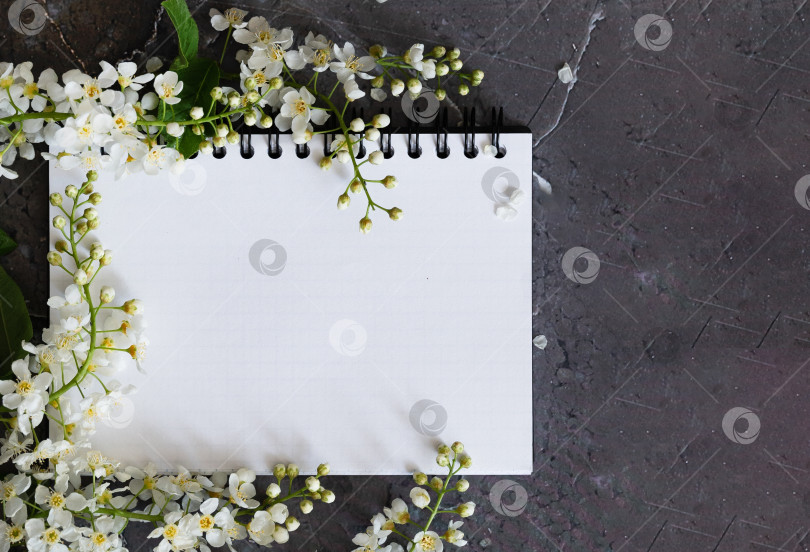 Скачать Цветочный макет на винтажном белом деревянном фоне и частично на компьютере. Весенние цветы, концепция работы женщины-фрилансера. Вид сверху. фотосток Ozero