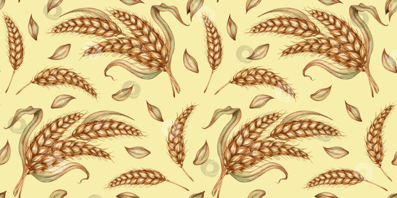 Скачать Узор из пшеничных букетов на желтом фоне, выполненный акварелью фотосток Ozero