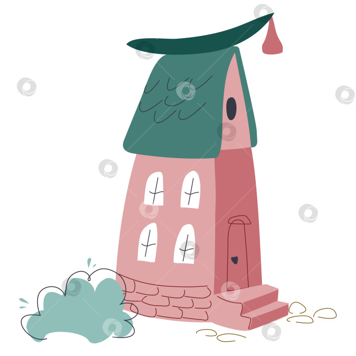 Скачать Розовый волшебный домик с зеленой крышей и кустом фотосток Ozero