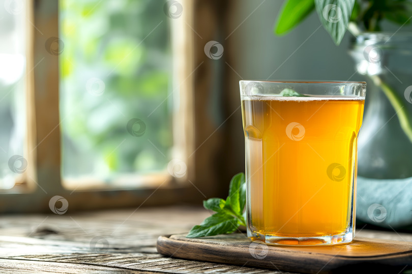 Скачать Чайный гриб в стакане с зеленью. Травяной напиток из чайного гриба на деревянной доске. Натуральный чайный гриб на подоконнике. Стакан ферментированного чая или чайного кваса на деревянной доске у кухонного окна, место для копирования фотосток Ozero