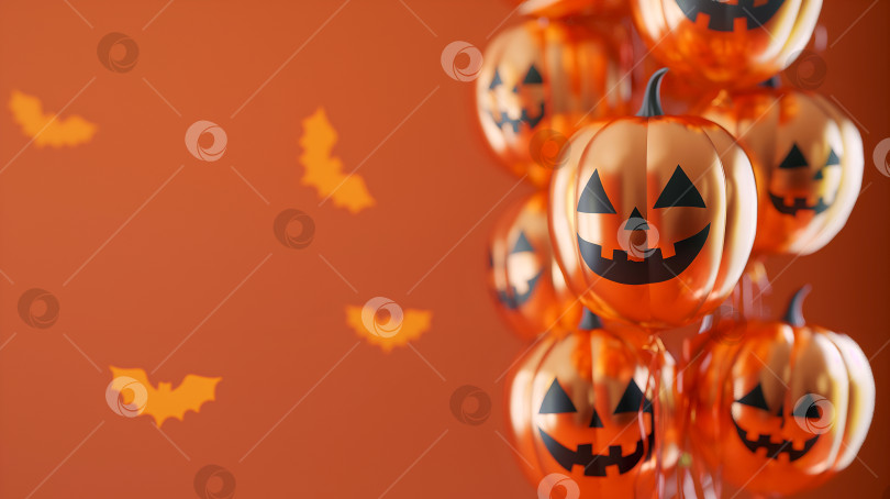 Скачать Оранжевый фон для Хэллоуина с фольгированными воздушными шарами, имитирующими пространство. Традиционный осенний символ. На оранжевом фоне - блестящие воздушные шары для Хэллоуина с изображением тыквенных рожиц. Праздничные воздушные шары и жуткие тыквенные рожицы фотосток Ozero