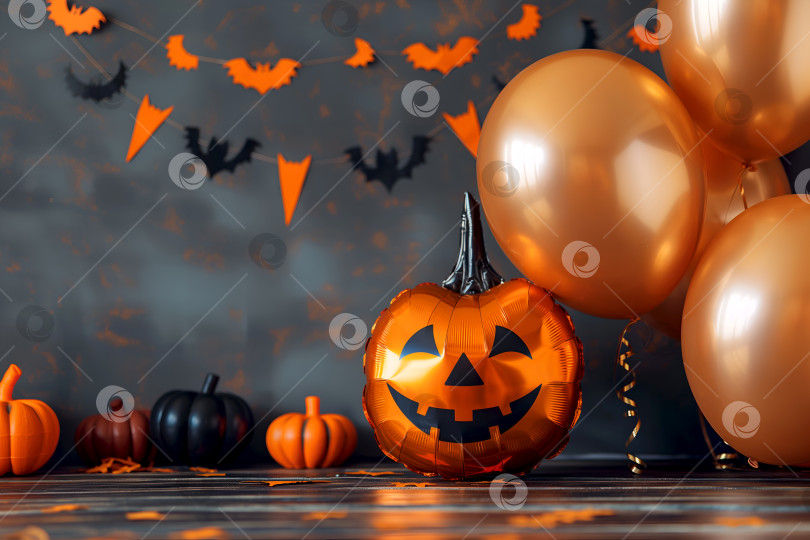 Скачать Праздничное оформление на Хэллоуин со светящимися тыквами и оранжевым декором. Жуткая сцена вечеринки на Хэллоуин с тыквенными воздушными шарами и паучьими тенями. Декор на Хэллоуин с фольгированными воздушными шарами на фоне темной стены, копирующее пространство фотосток Ozero