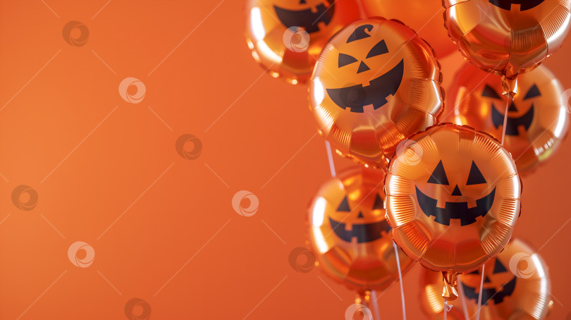 Скачать Фон для Хэллоуина с фольгированными воздушными шарами на оранжевом фоне, скопируйте пространство. Традиционный символ осени. Блестящие воздушные шары для Хэллоуина с изображением тыквенных рожиц, оранжевый фон. Праздничные воздушные шары, жуткие тыквенные рожицы фотосток Ozero