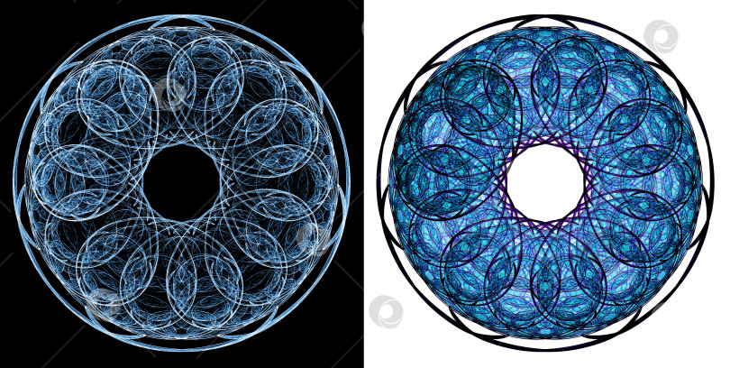 Скачать Голубой ажурный узор в виде цветов вписан в круг. Набор графических элементов дизайна на белом и черном фонах. 3D-рендеринг. 3D-иллюстрация. фотосток Ozero
