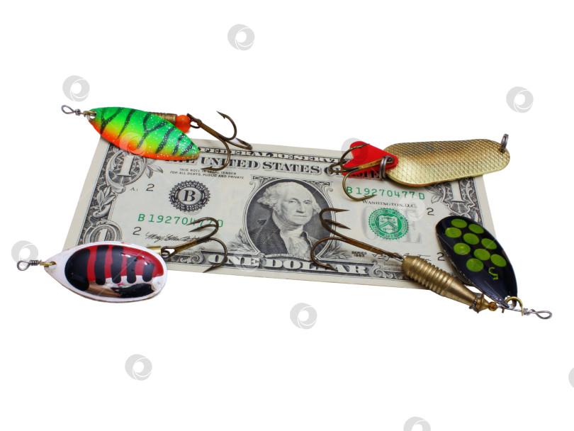 Скачать Рыболовная блесна с долларами, выделенными на белом фоне фотосток Ozero