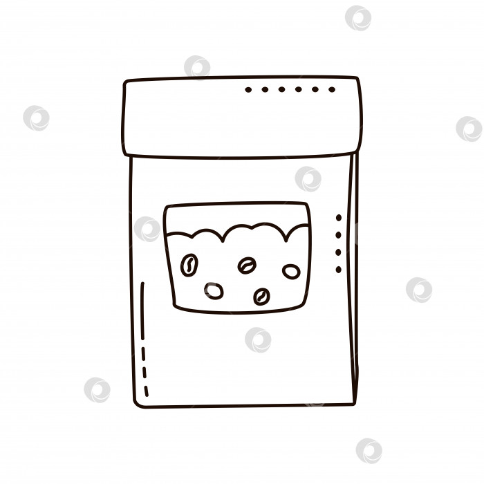 Скачать Пакет из крафт-бумаги с кофейными зернами в прозрачном окне, выделенный на белом фоне. Стиль каракулей. фотосток Ozero