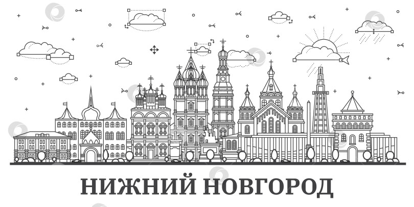 Скачать Город Нижний Новгород. Россия. Современные и исторические здания на белом фоне. Нижегородский городской пейзаж с достопримечательностями. фотосток Ozero