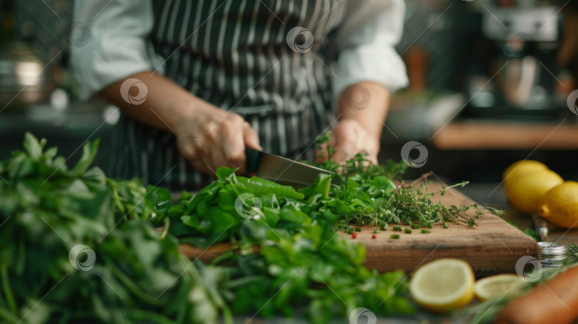 Скачать Женщина-шеф-повар измельчает овощи и зелень на кухне фотосток Ozero