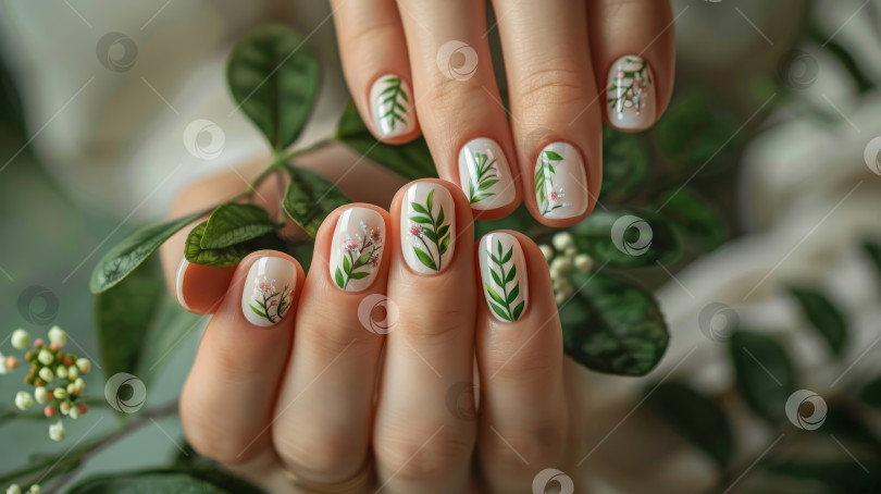 Скачать Дизайн ногтей на летнюю тематику. Женские руки с красивым цветочным маникюром фотосток Ozero