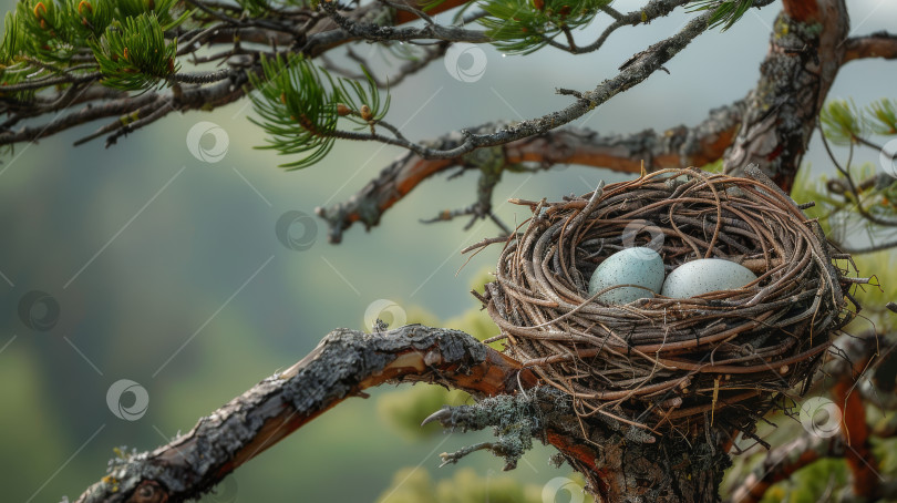 Скачать Гнездо с двумя яйцами на ветке дерева фотосток Ozero