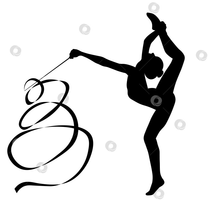Скачать черно-белое силуэтное изображение фигур спортсменок, гимнастика, упражнения с предметами - мячом и лентой фотосток Ozero