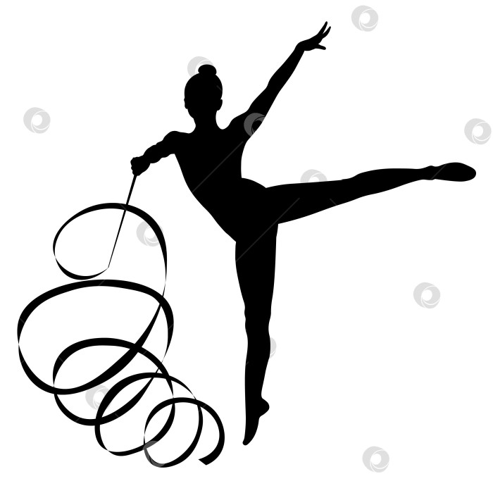 Скачать черно-белое силуэтное изображение фигур спортсменок, гимнастика, упражнения с предметами - мячом и лентой фотосток Ozero