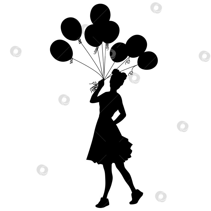 Скачать праздничный фон, силуэт девушки с букетом воздушных шаров в руке фотосток Ozero