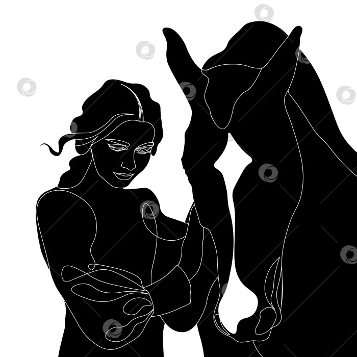 Скачать черно-белый силуэт девушки рядом с лошадью фотосток Ozero