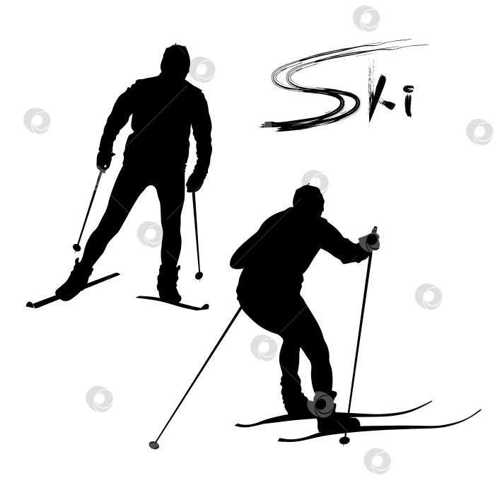 Скачать черные векторные силуэты лыжников на трассе во время тренировки фотосток Ozero