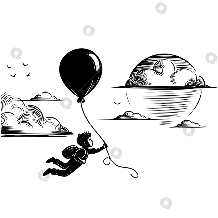 Скачать Мальчик летает по небу на воздушном шаре. фотосток Ozero