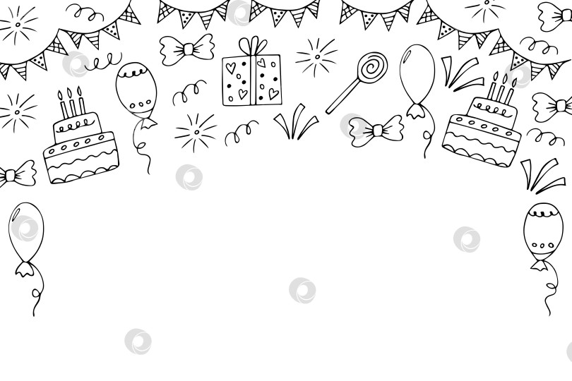 Скачать Нарисованная от руки рамка для дня рождения, вечеринки, воздушных шаров и тортов. Рисованная иллюстрация для праздника. фотосток Ozero