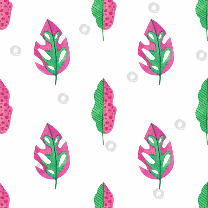 Скачать Бесшовный узор с розовыми и зелеными тропическими листьями на белом фоне. фотосток Ozero