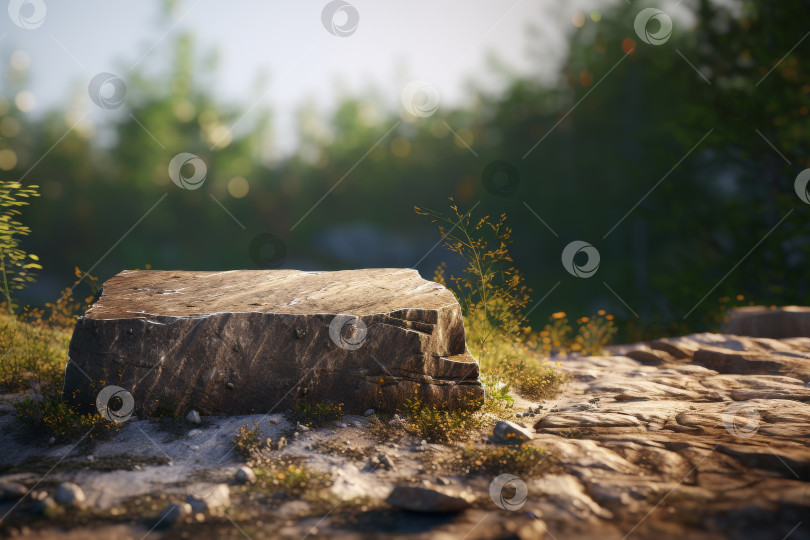 Скачать Крупный план плоского каменного подиума в естественном лесу, залитом солнечным светом. фотосток Ozero