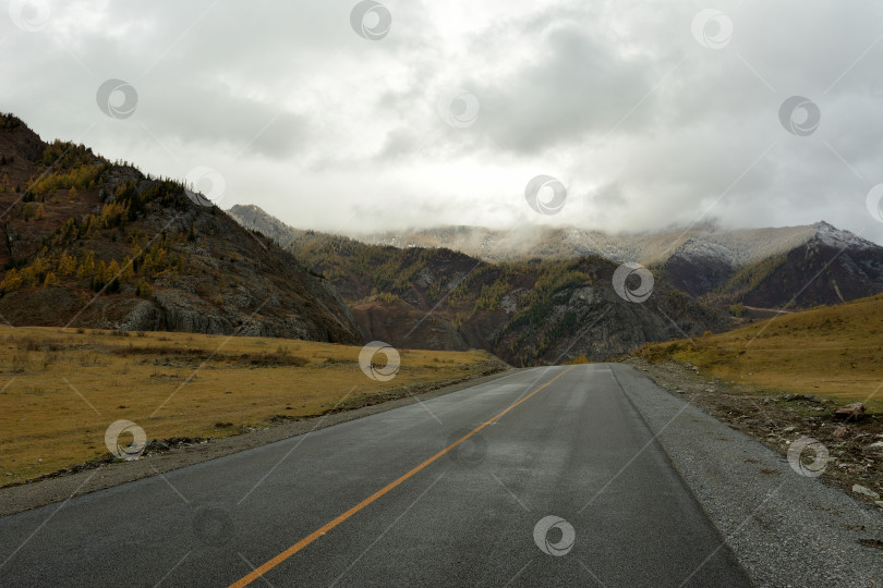 Скачать Пасмурным осенним днем прямая асфальтированная дорога пересекает широкую поляну между двумя высокими горами. фотосток Ozero