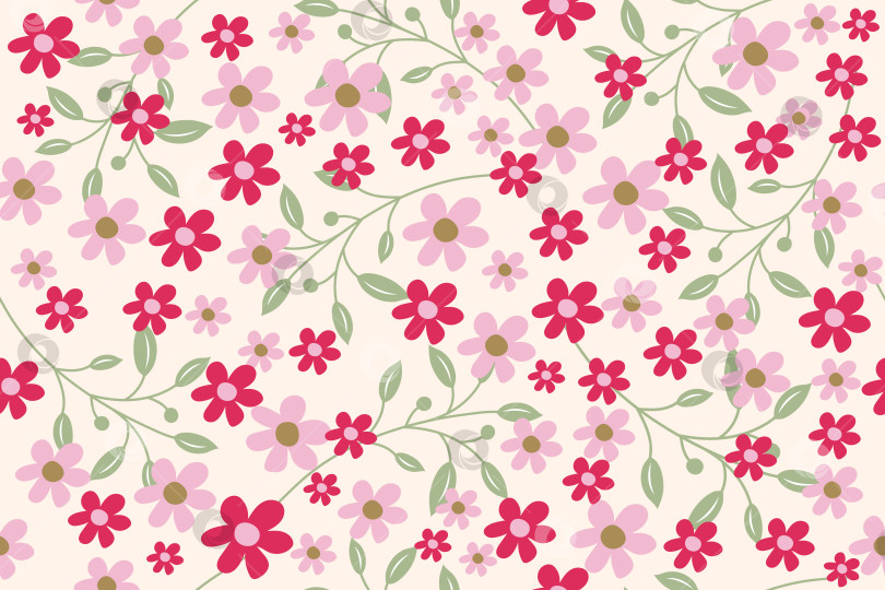 Скачать Симпатичный цветочный бесшовный летний фон с малиновыми и розовыми цветами. фотосток Ozero