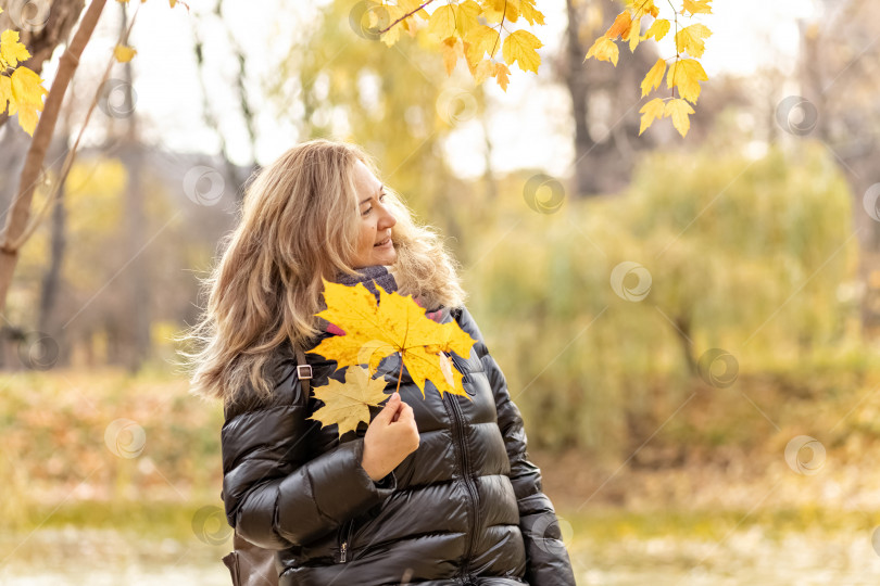 Скачать Молодая женщина с желтыми опавшими кленовыми листьями в руках в осеннем парке фотосток Ozero