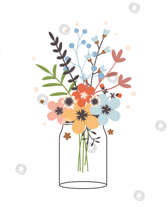 Скачать Стеклянная банка с букетом весенних цветов. фотосток Ozero