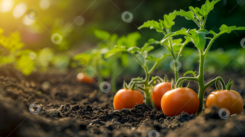 Скачать Растения томатов со спелыми плодами на садовой почве. Фон органического садоводства с растущими растениями томатов в солнечном саду, место для копирования. Свежие помидоры, созревающие на лозе на открытом воздухе, уютное деревенское утро фотосток Ozero