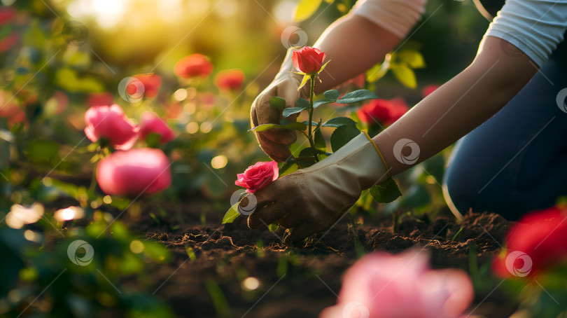 Скачать Руки женщины в перчатках сажают розы в саду. Руки садовника ухаживают за цветущей розой. Цветоводство, женщина сажает розу в садовых перчатках, крупный план. Хобби садовода фотосток Ozero