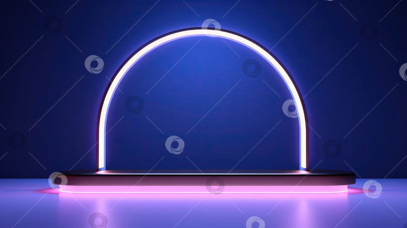 Скачать Неоновая дуга в комнате с синим и фиолетовым освещением. Абстрактный фон для демонстрации товара. Сгенерированный искусственный интеллект. фотосток Ozero